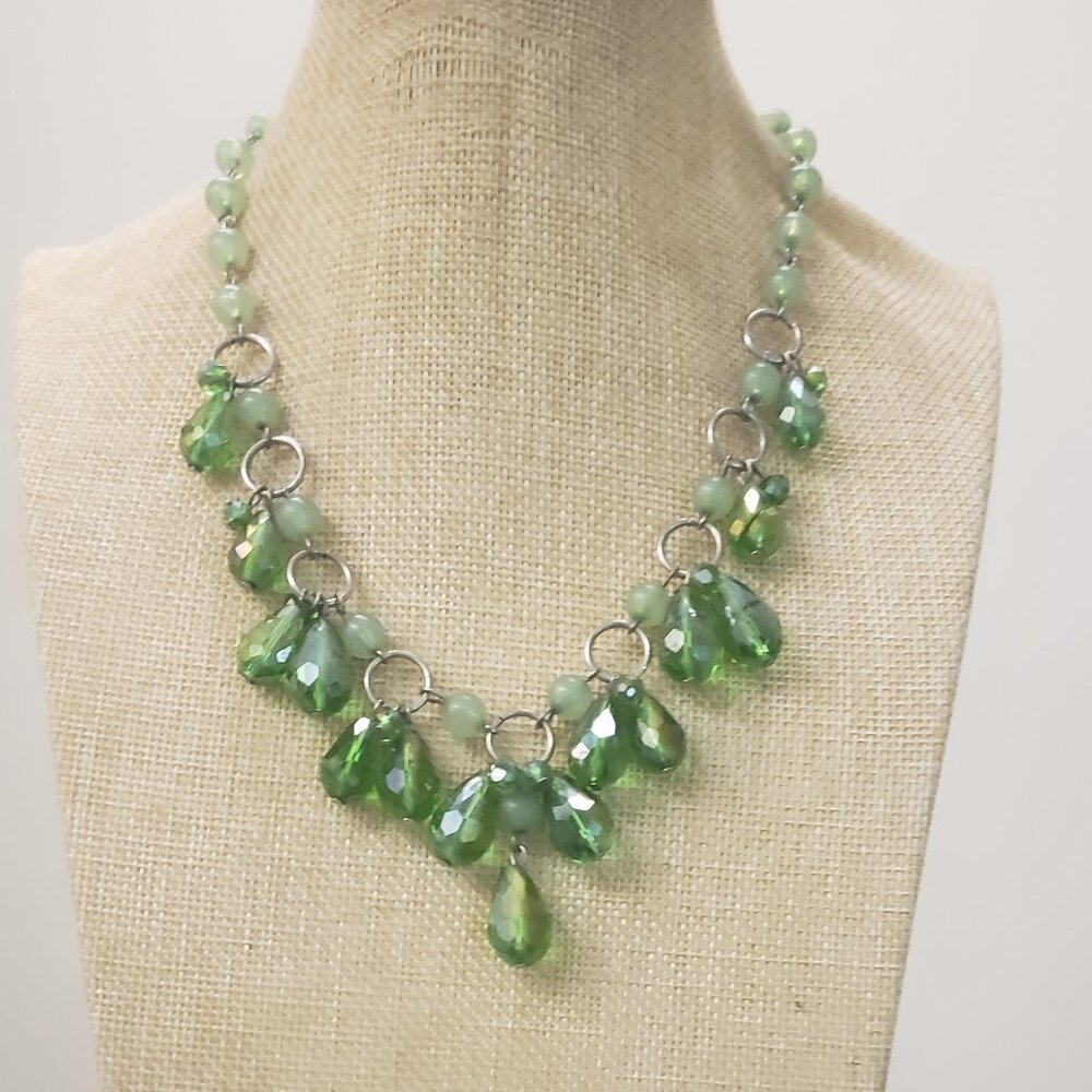 Green teardrop AB Multi beaded silver tone dangle fashion necklace